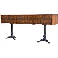 Oak Card Catalog Serving Table, Cast Iron Supports, France circa 1890