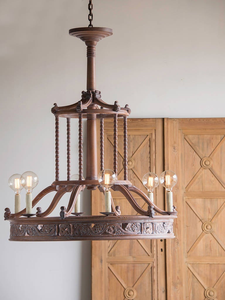 Carved Grand Scale French Antique Limed Oak Chandelier, circa 1900 For Sale