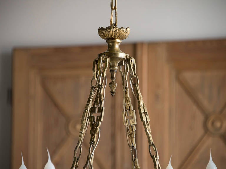 Antique French Neoclassical Gilt Bronze Four Arm Chandelier, circa 1920 In Excellent Condition In Houston, TX