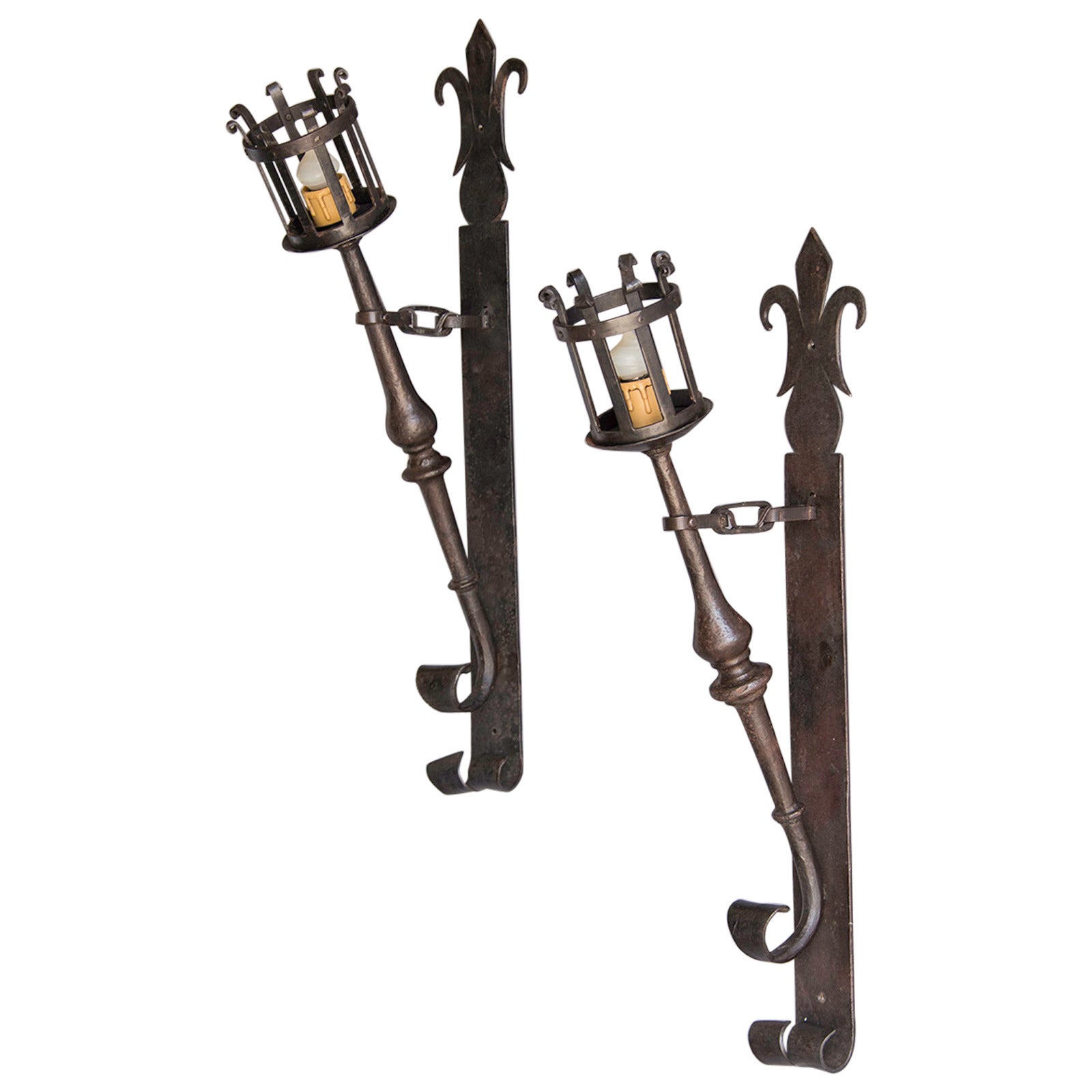 Pair of Vintage French Iron Torch Sconces, circa 1910