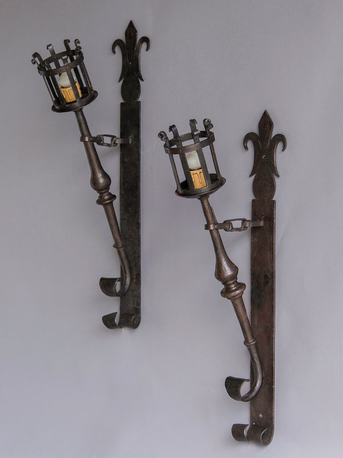 Rustic Pair of Vintage French Iron Torch Sconces, circa 1910