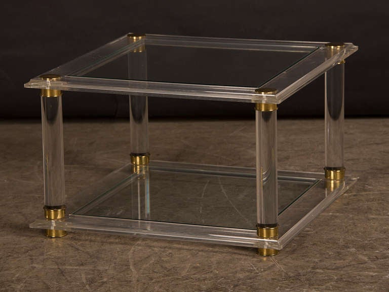 Brass Vintage French Mid-Century Modern Lucite and Glass Side Table, circa 1975