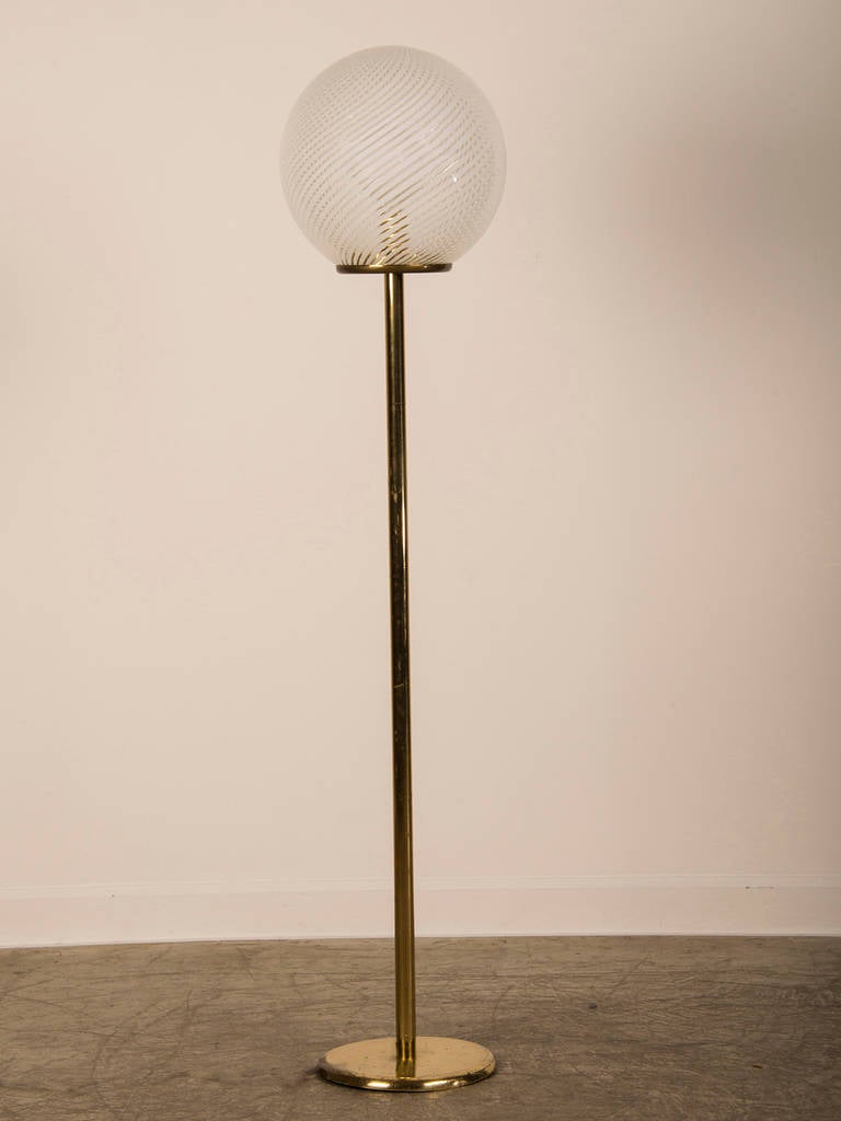 Vintage Murano Glass Swirl Shade, Brass Floor Lamp, Venice, Italy circa 1965