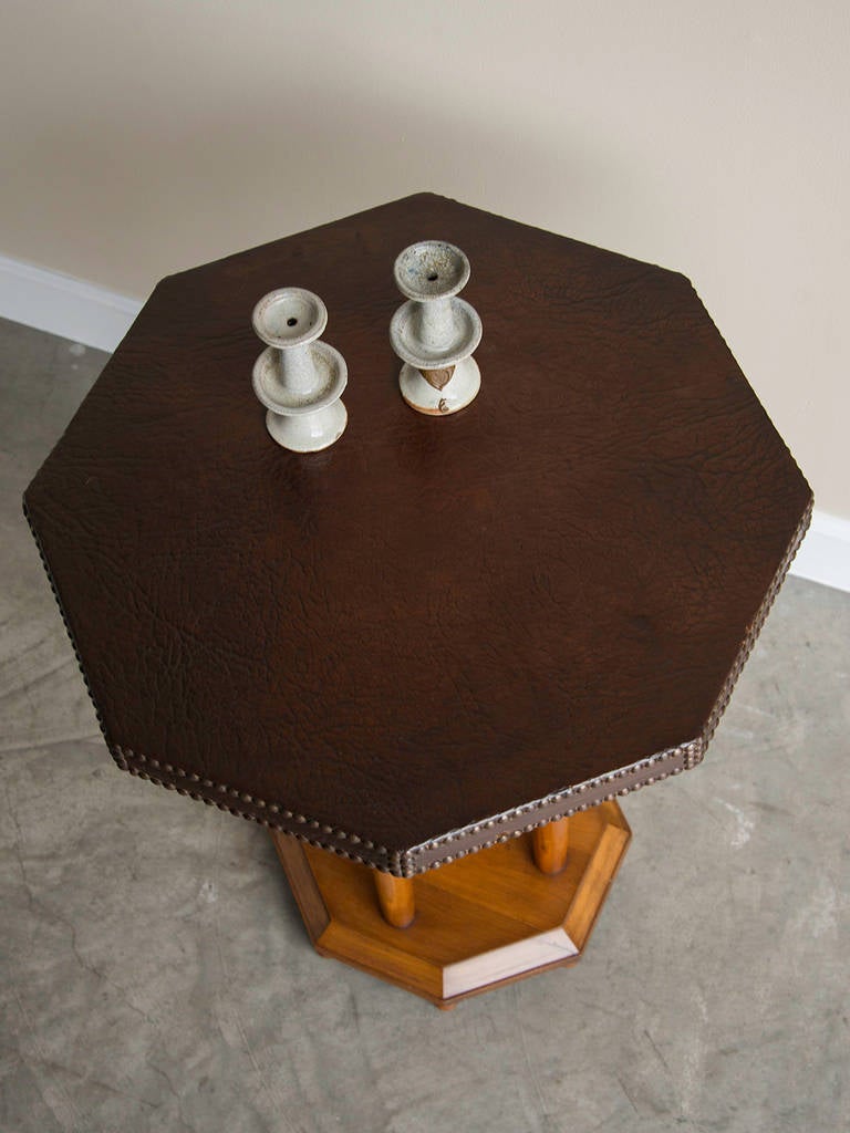 Vintage French Cherrywood Leather Topped Table circa 1940 In Excellent Condition In Houston, TX
