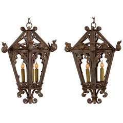 Vintage Pair Of Painted Gothic Style Wrought Iron Lanterns Found In France, C.1960