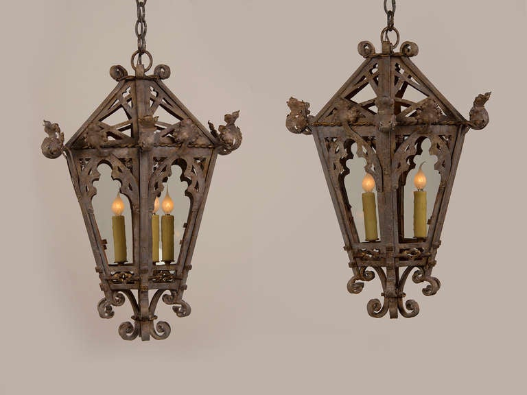 Pair Of Painted Gothic Style Wrought Iron Lanterns Found In France, C.1960