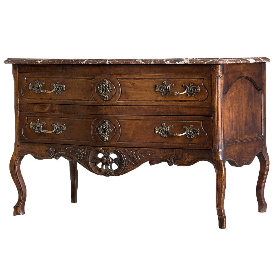 Antique French Louis XV Period Carved Walnut Commode with Marble Top, circa 1760 For Sale