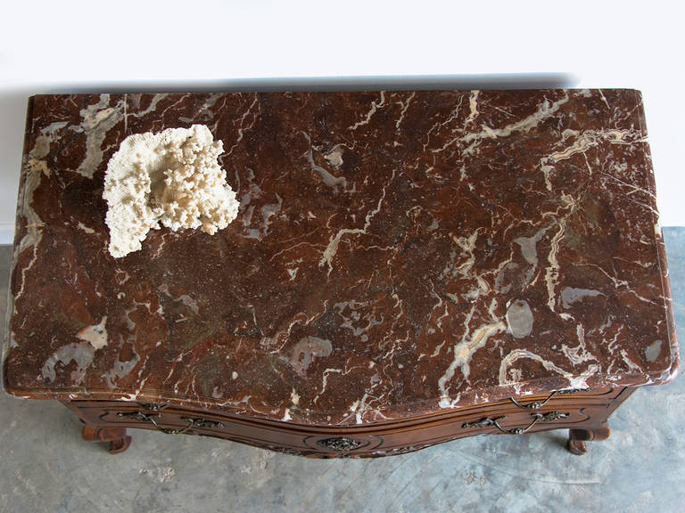 Rococo Antique French Louis XV Period Carved Walnut Commode with Marble Top, circa 1760 For Sale
