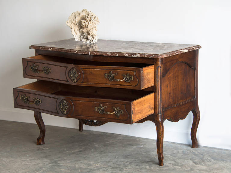 18th Century Antique French Louis XV Period Carved Walnut Commode with Marble Top, circa 1760 For Sale