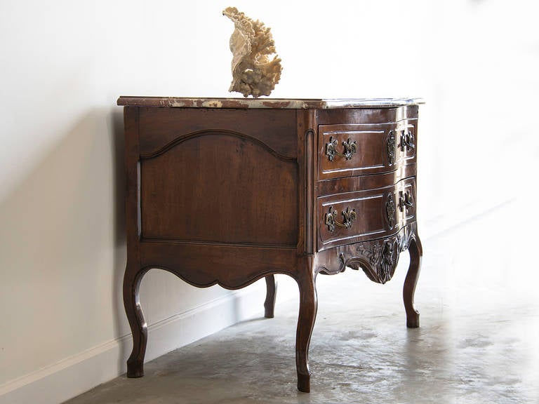 Bronze Antique French Louis XV Period Carved Walnut Commode with Marble Top, circa 1760 For Sale