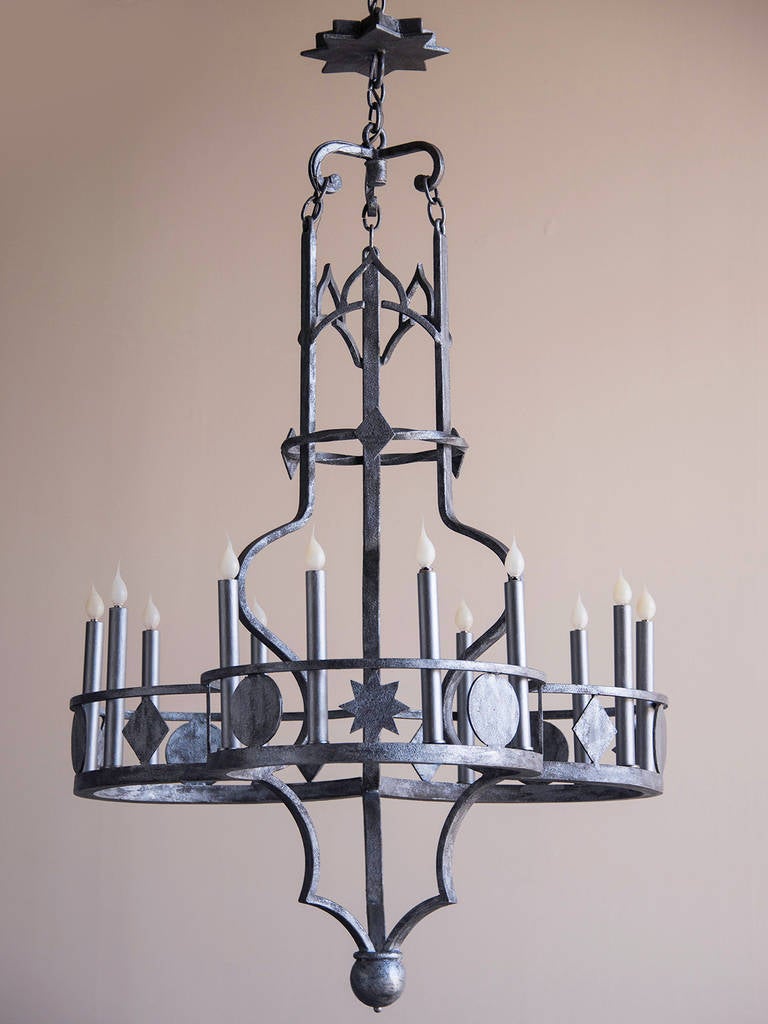 Tall Twelve-Light Silvered Iron Chandelier, France circa 1920