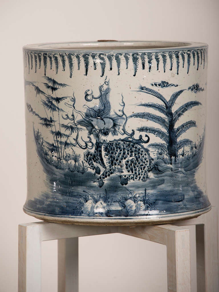 Large Glazed Blue and White Porcelain Fishbowl, China ca. 1875