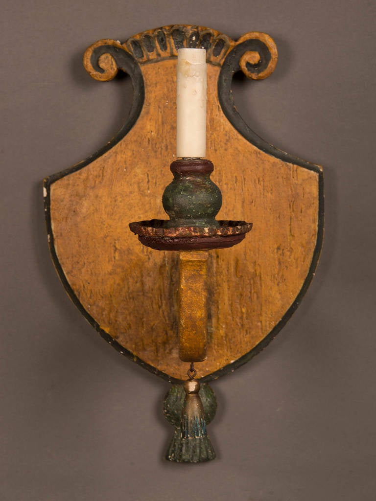 19th Century Pair of Antique Italian Wooden Sconces circa 1870 Original Painted Finish For Sale