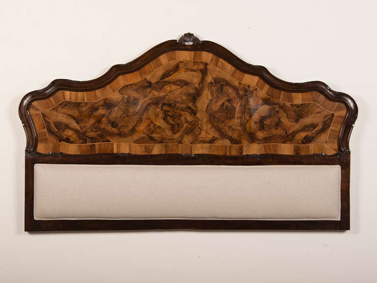 Baroque Italian Vintage Burl Walnut Headboard c.1940. The striking shape and exceptional quality of the burl walnut timber are combined to create a very desirable focal point in a bedroom. Not only is the frame carved with a high degree of lavish