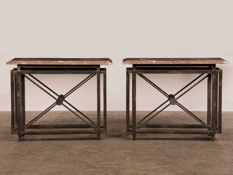 Neoclassical Forged Iron Pair of Marble Top Tables, France c.1900.