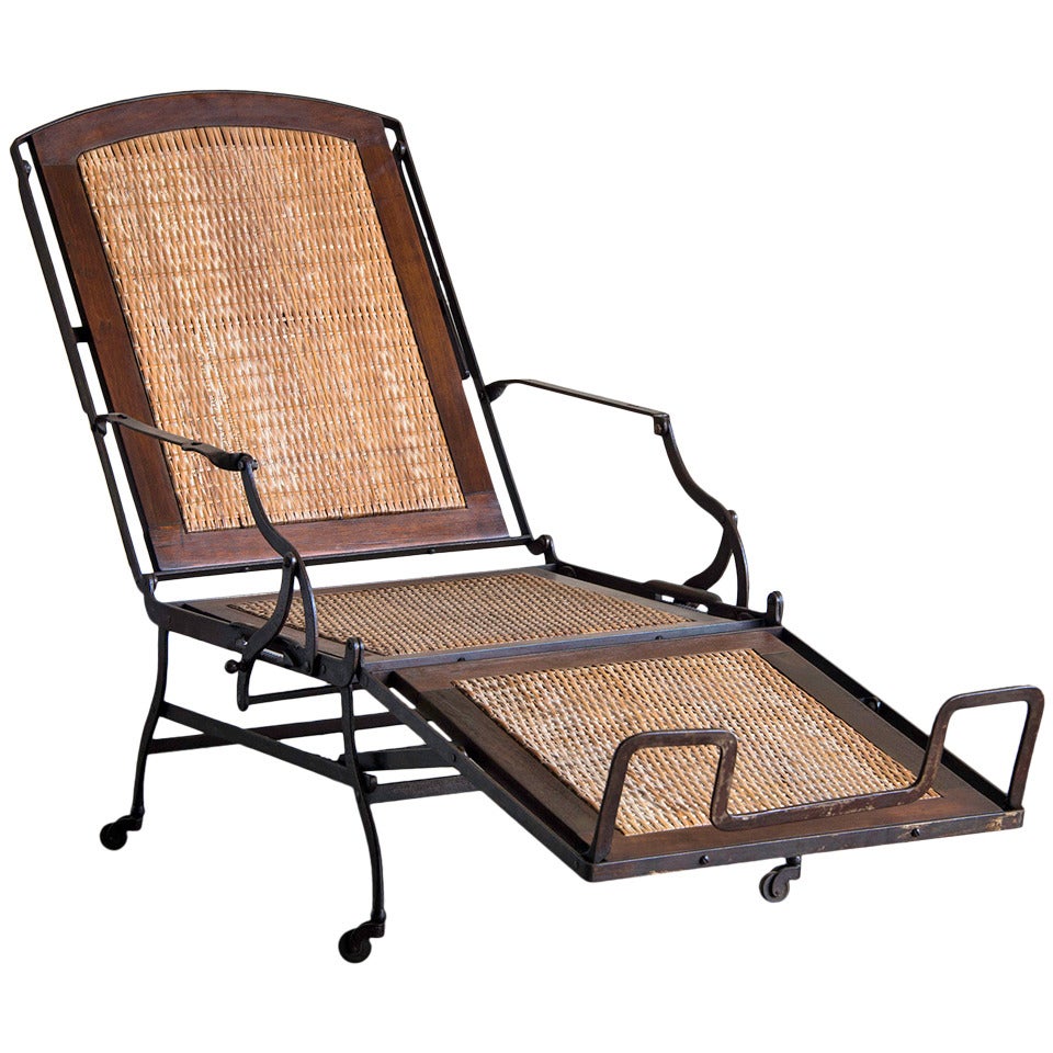 Antique Iron Frame Chaise Longue, Cane Seat, Back, Original Maker
s Stamp For Sale