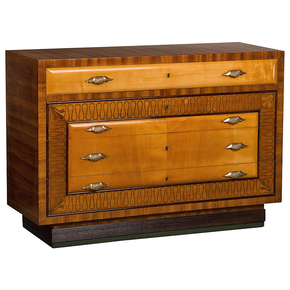 Vintage Italian Art Deco Period Walnut, Maple Chest of Drawers, circa 1930 For Sale