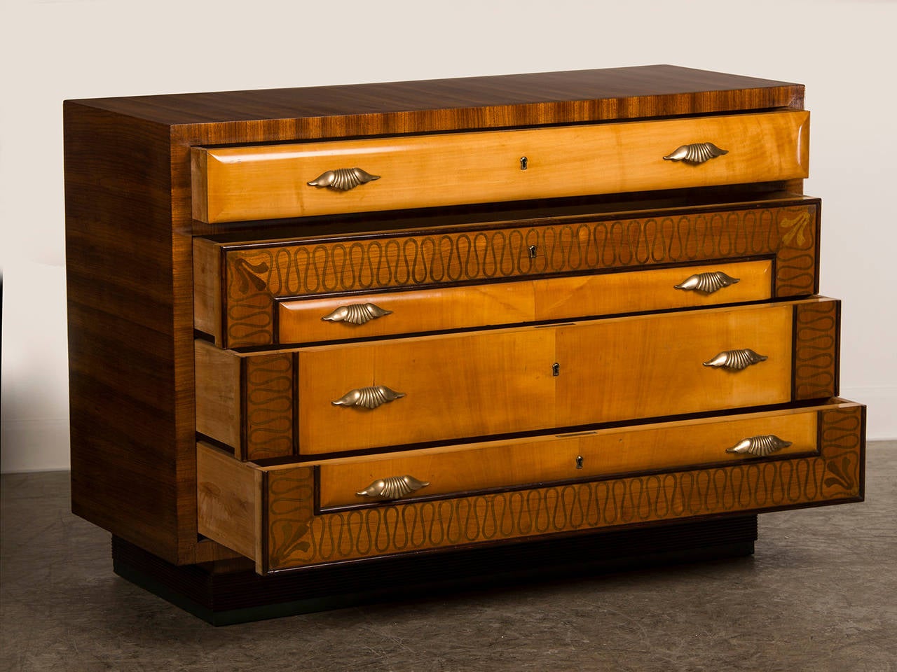 Inlay Vintage Italian Art Deco Period Walnut, Maple Chest of Drawers, circa 1930 For Sale