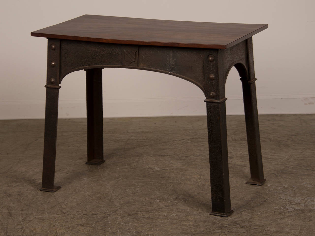 Antique English Solid Iron Table Base, Single Plank Mahogany Top circa 1890