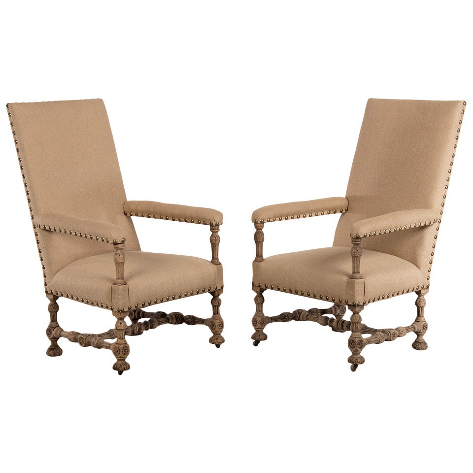 Antique French Henri II Style Carved Oak Pair of Armchairs, circa 1880