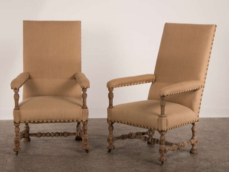 Renaissance Antique French Henri II Style Carved Oak Pair of Armchairs, circa 1880