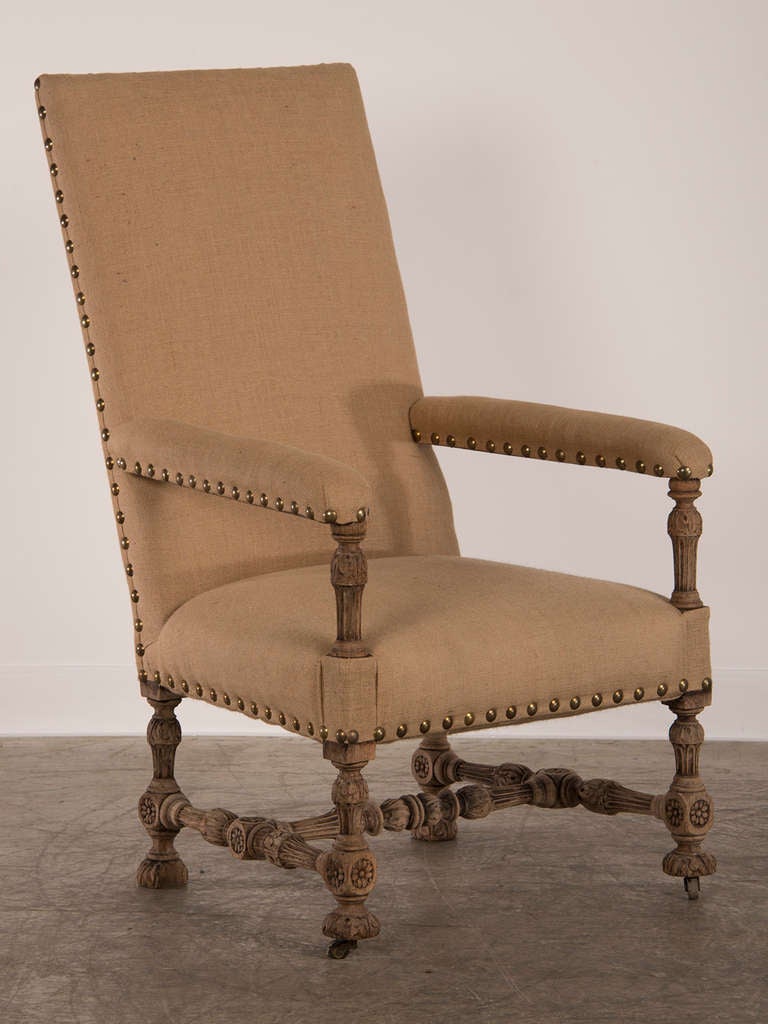 Linen Antique French Henri II Style Carved Oak Pair of Armchairs, circa 1880