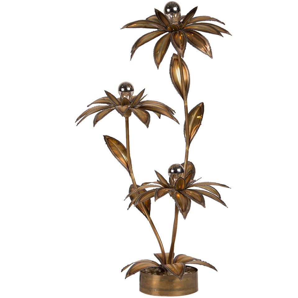 Maison Jansen Style Three Branch Hammered Brass Palm Tree Lamp, France c.1970