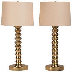 Pair of Tall Brass Bobbin Pattern Candlestick Lamps, England c.1890