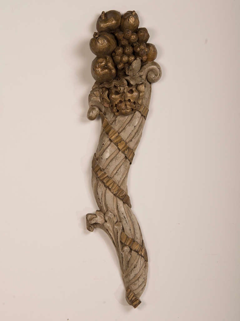 Antique French Cornucopia Wall Carving, Painted and Gilded circa 1800