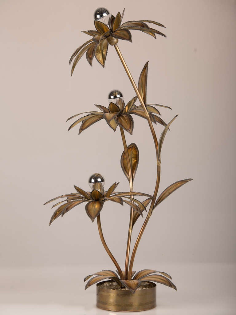 French Maison Jansen Style Three Branch Hammered Brass Palm Tree Lamp, France c.1970