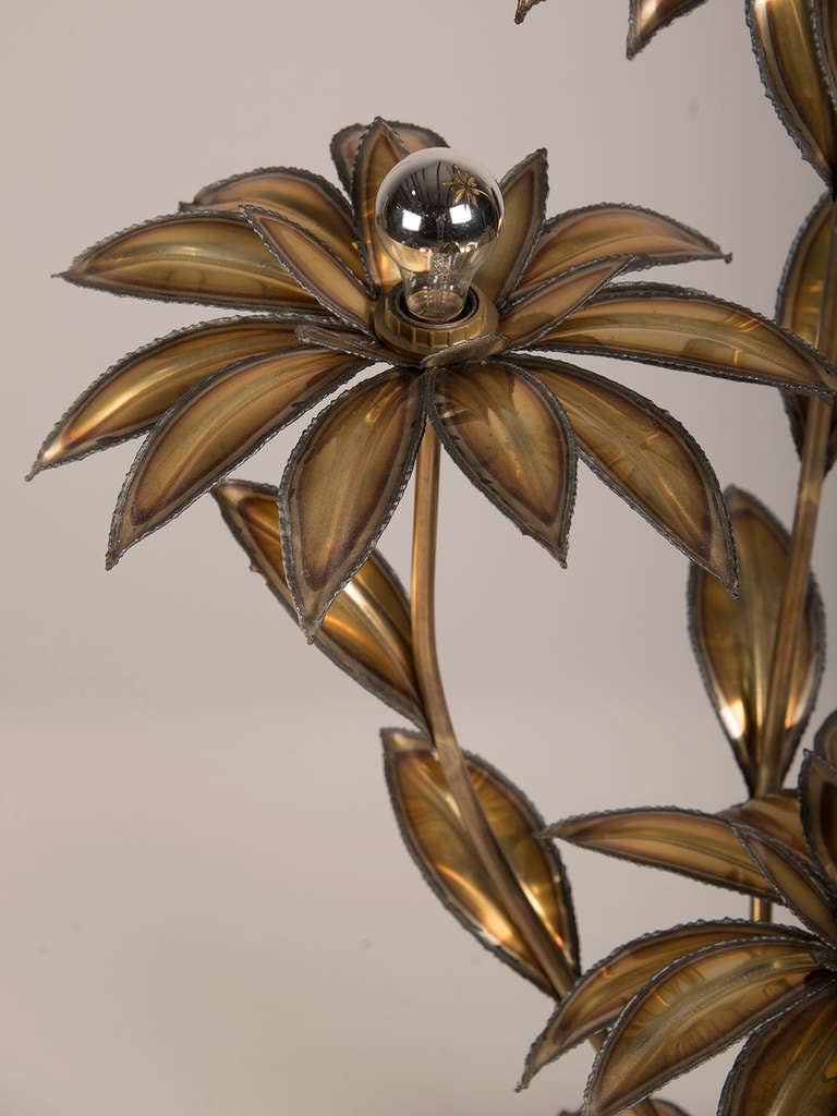 Late 20th Century Maison Jansen Style Three Branch Hammered Brass Palm Tree Lamp, France c.1970