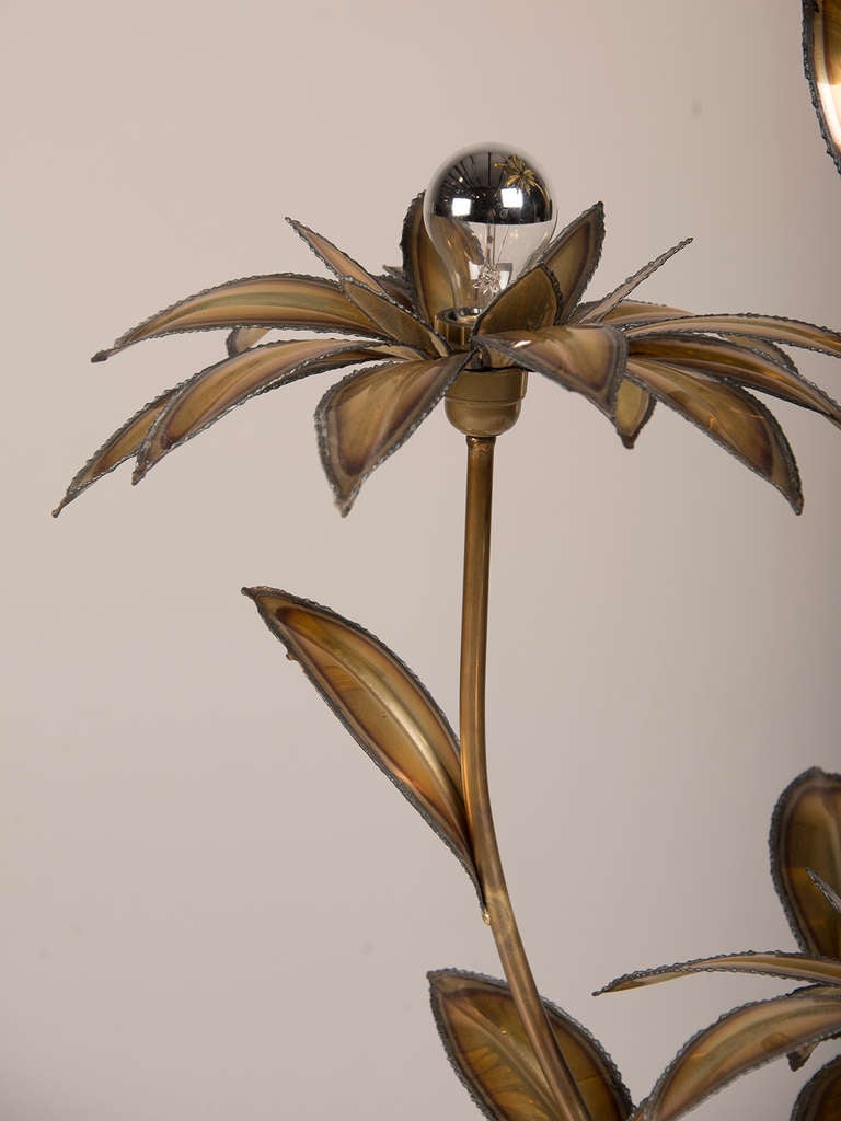 Maison Jansen Style Three Branch Hammered Brass Palm Tree Lamp, France c.1970 2