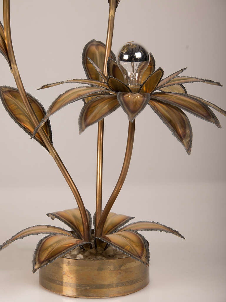 Maison Jansen Style Three Branch Hammered Brass Palm Tree Lamp, France c.1970 3