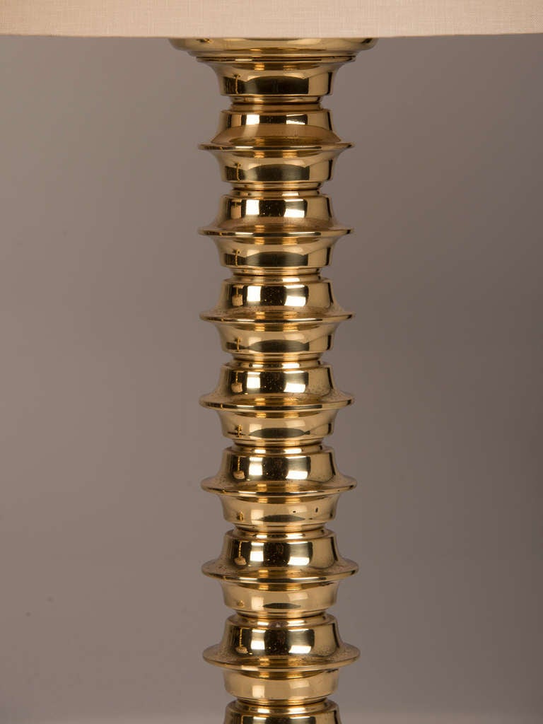 Pair of Tall Brass Bobbin Pattern Candlestick Lamps, England c.1890 In Excellent Condition In Houston, TX
