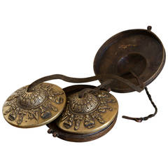 Vintage Brass Meditation Cymbals, Original Copper Case, Tibet, circa 1940