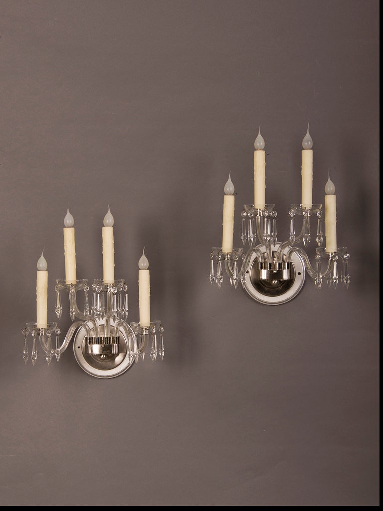Receive our new selections direct from 1stdibs by email each week. Please click “Follow Dealer” button below and see them first!

A pair of vintage English George III style four arm cut-glass sconces set with a nickel frame, circa 1940. Please