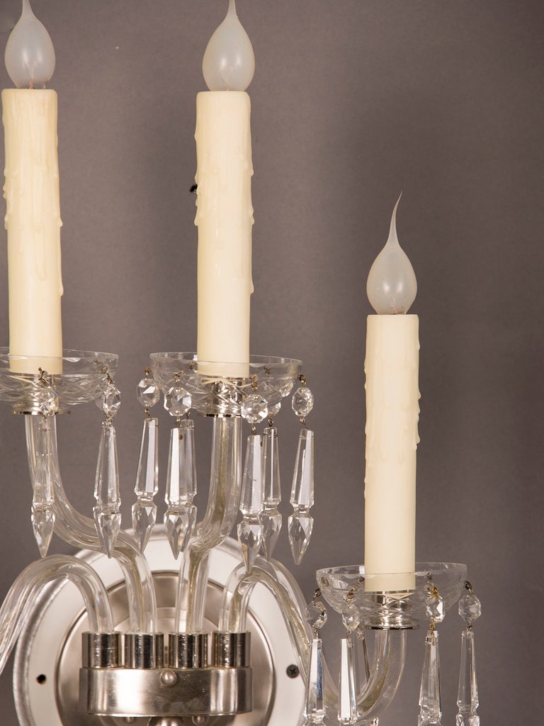 Pair of George III Style Vintage English Four-Arm Crystal Sconces, circa 1940 For Sale 3