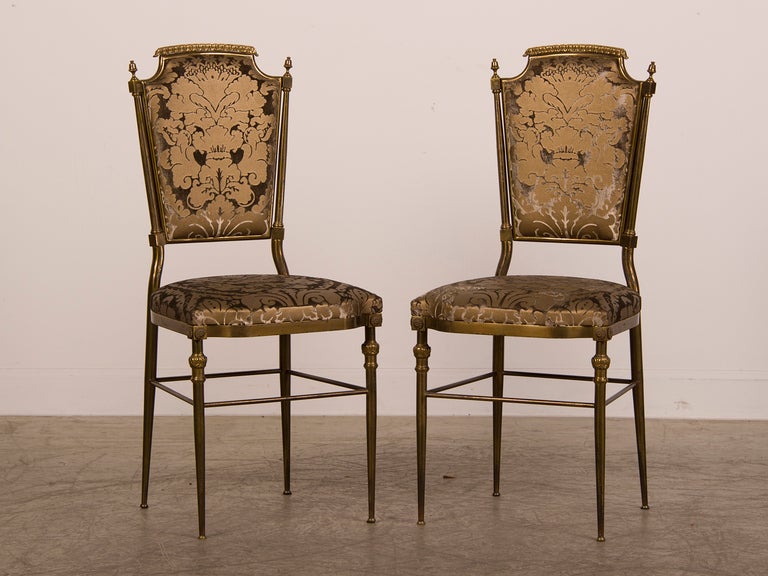 Receive our new selections direct from 1stdibs by email each week. Please click Follow Dealer below and see them first!

A pair of vintage neoclassical solid brass Italian side chairs circa 1940 now upholstered in a silk velvet Zoffany fabric.