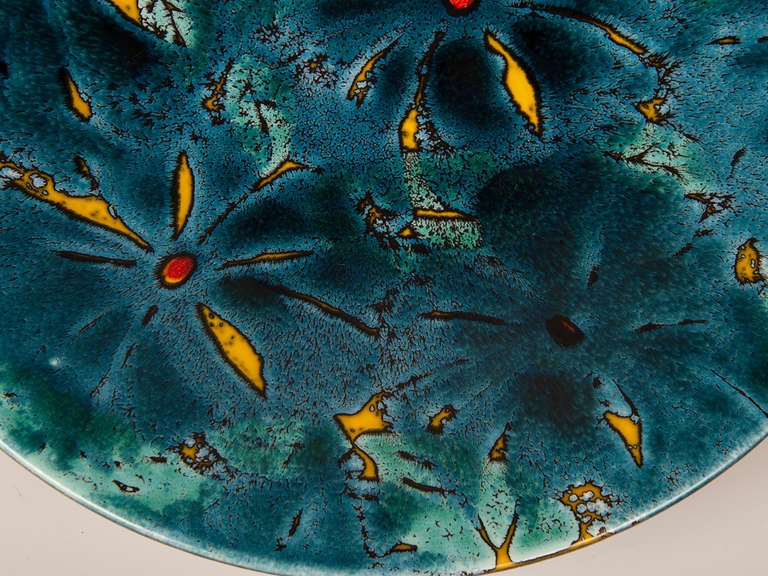 Contemporary English Ceramic Platter with Yellow and Red Flowers on Blue Background, Marked c