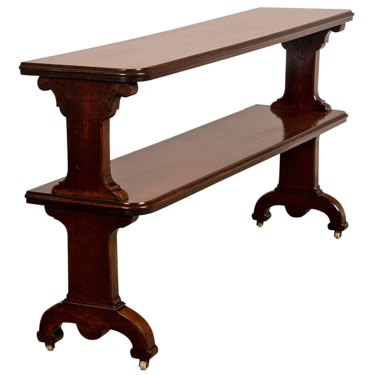 Antique Irish Mahogany TwoShelf Server with Original Casters, circa