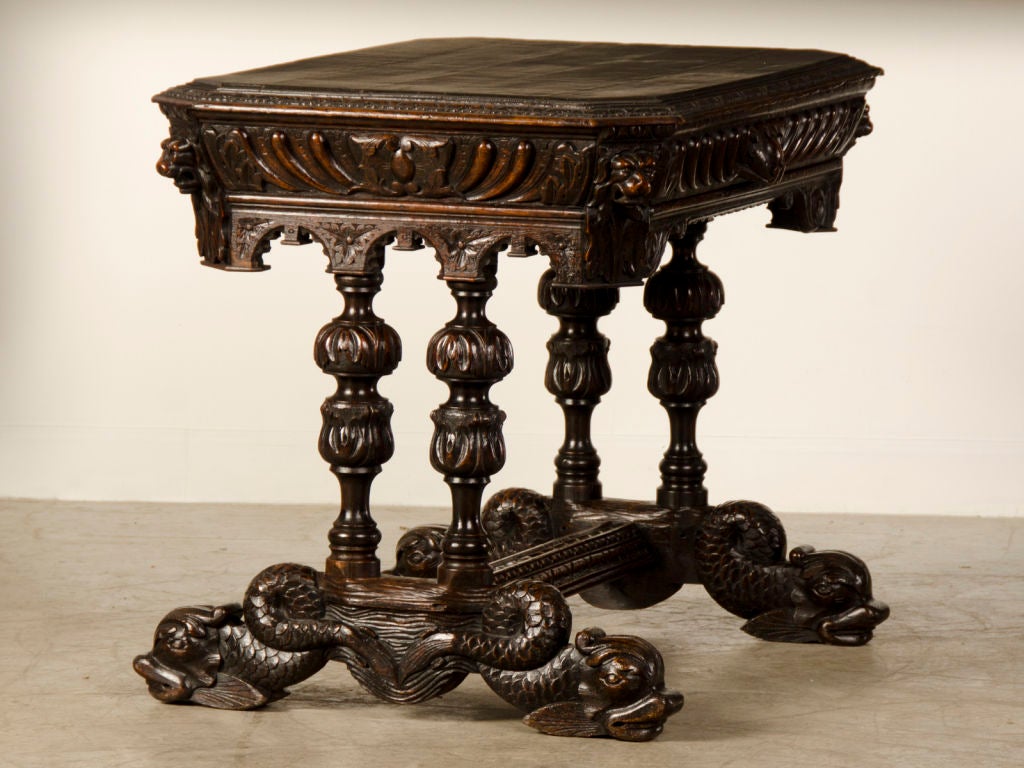 Renaissance Revival Antique Italian Renaissance Style Carved Oak Table With a Drawer, circa 1880