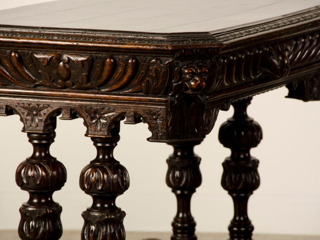 Antique Italian Renaissance Style Carved Oak Table With a Drawer, circa 1880 In Excellent Condition In Houston, TX
