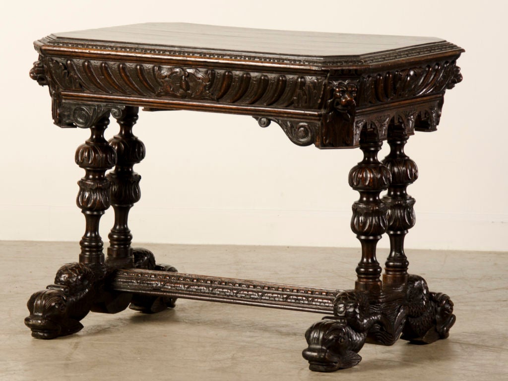 19th Century Antique Italian Renaissance Style Carved Oak Table With a Drawer, circa 1880