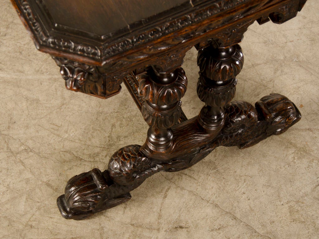 Antique Italian Renaissance Style Carved Oak Table With a Drawer, circa 1880 1