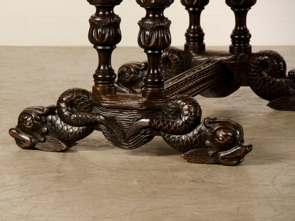 Antique Italian Renaissance Style Carved Oak Table With a Drawer, circa 1880 2