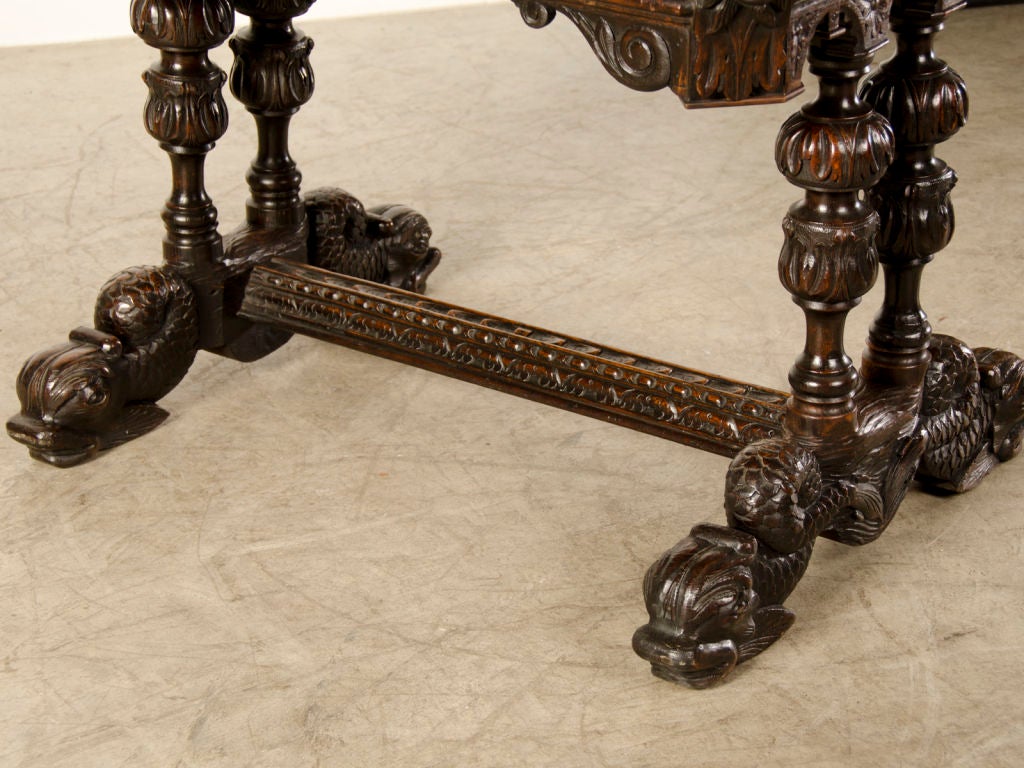 Antique Italian Renaissance Style Carved Oak Table With a Drawer, circa 1880 4