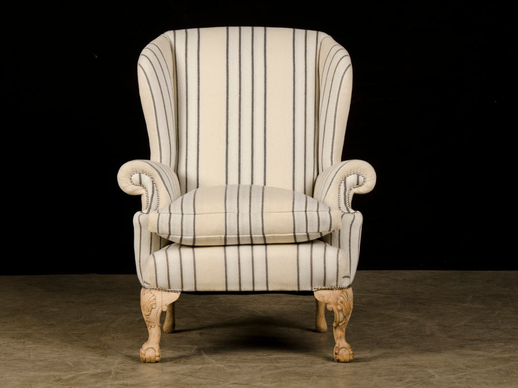 Bleached Chippendale Style Carved Pale Mahogany Antique English Wing Chair, circa 1880 For Sale