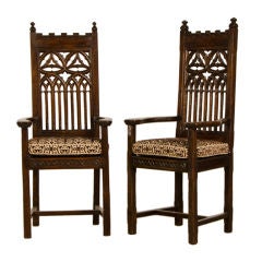 Antique French Gothic Revival Carved Oak Pair of Tall Back Armchairs, 1880