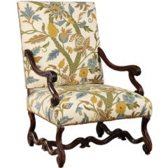 Antique Louis XIII Style Walnut Armchair, France c. 1880, Covered in Crewel Work Fabric