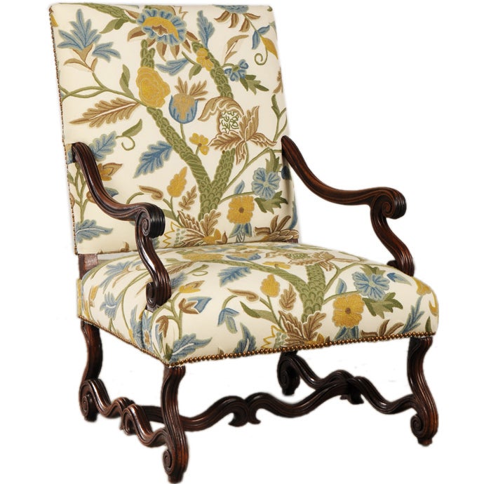 Louis XIII Style Walnut Armchair, France c. 1880, Covered in Crewel